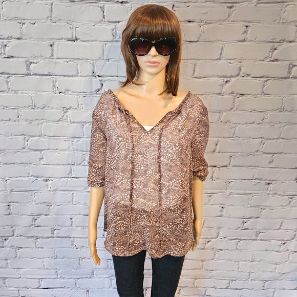 Ann Taylor - LOFT, Long sleeve brown/pink floral sheer blouse - Picture 2 of 14